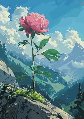 Pink Peony in Mountain Landscape