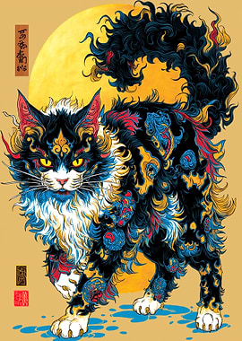 Ornate Cat Illustration with Asian Influence