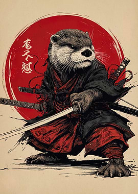 Otter Samurai with Katana and Red Sun