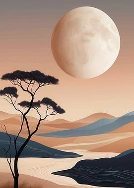 Minimalist Landscape with Moon and Tree