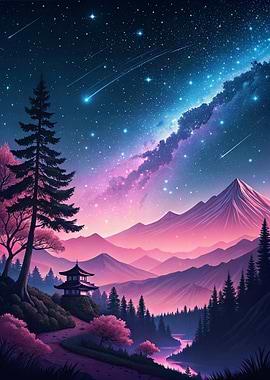 Japanese Landscape with Starry Sky