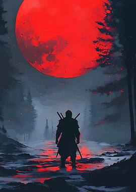 Samurai Silhouette Under Red Moon