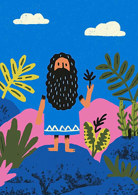 Cartoon Man in Colorful Landscape