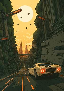 Futuristic Cityscape with Classic Car