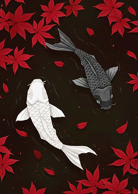 Koi Fish and Maple Leaves Illustration