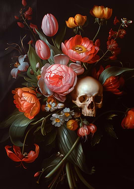 Floral Still Life with Skull