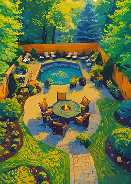 Backyard Pool and Patio Illustration