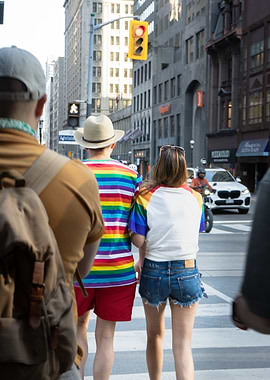 People crossing street with rainbow clothing