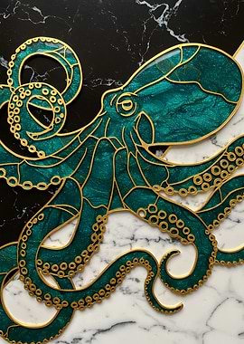 Elegant Teal and Gold Octopus Art