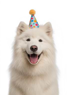 Samoyed dog wearing a birthday hat