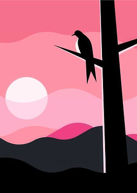 Bird on Branch at Sunset