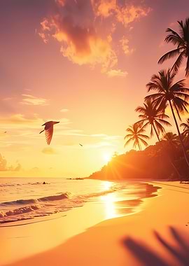 Tropical beach sunset with bird