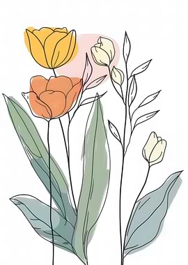 Floral Line Art with Pastel Accents