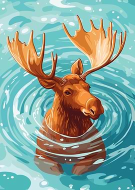 Moose Swimming in Water Illustration