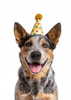 Happy Australian Cattle Dog with Party Hat