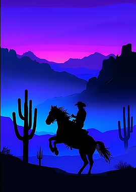 Cowboy on Horse in Desert Silhouette