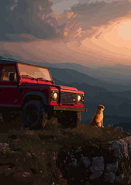 Red SUV and Golden Retriever at Sunset