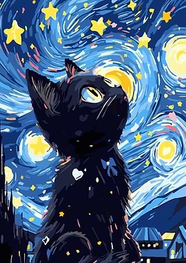 Black Cat Starry Night Painting