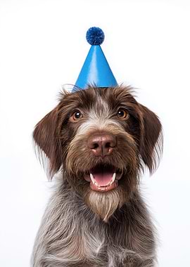 Wirehaired Pointing Griffon Dog with Birthday Hat Portrait