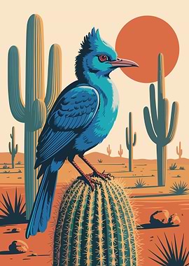 Blue Bird on Cactus in Desert