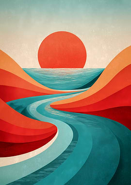 Retro Landscape with River and Sun