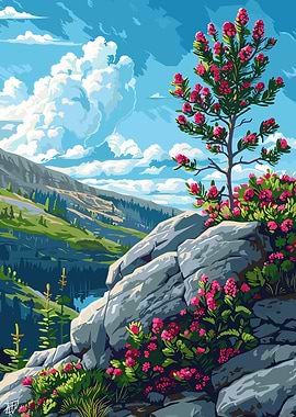 Mountain Landscape with Flowers and Clouds