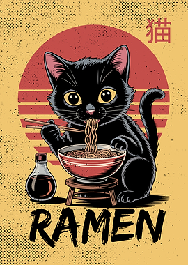 Black Cat Eating Ramen Illustration