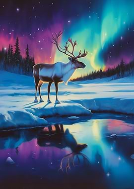 Reindeer under Aurora Borealis
