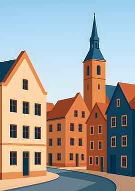 Colorful European Cityscape with Church