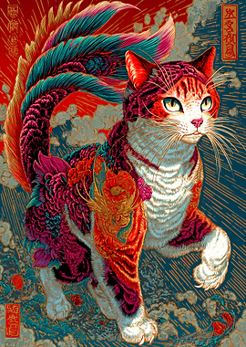 Ornate Nine-Tailed Cat Illustration
