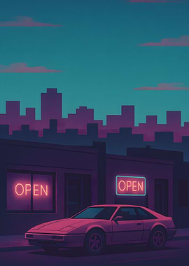 Retro Car at Night with Neon