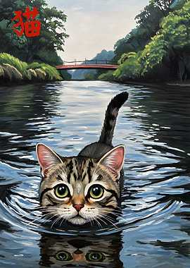 Cat Swimming in River