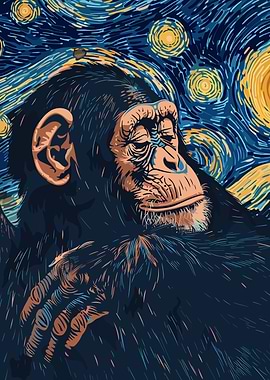 Chimpanzee in Starry Night Style