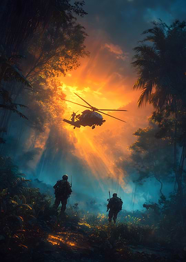 Helicopter and Soldiers in Jungle