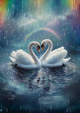 Swans in Love Under Rainbow Rain