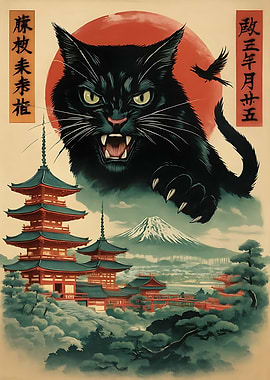 Japanese Black Cat Landscape Art
