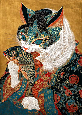 Cat with Fish in Ukiyo-e Style