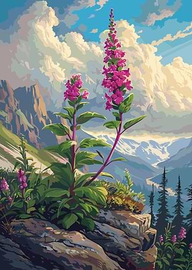 Mountain Landscape with Pink Flowers