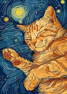 Sleeping Cat Starry Night Art
