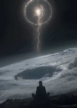 Meditating Figure Under Celestial Lightning