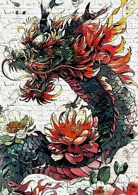 Dragon and Flowers on Brick Wall