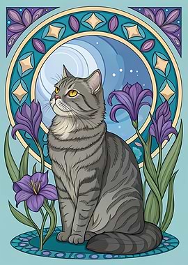 Cat with Flowers and Moon Art
