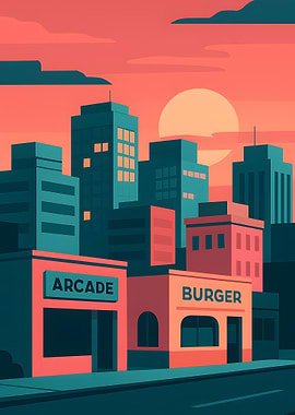 Cityscape with Arcade and Burger Shop
