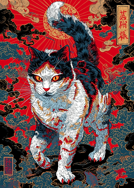 Ukiyo-e Style Cat with Clouds and Sun