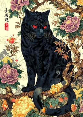Black Cat with Red Eyes in Garden