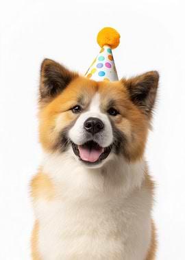 Happy Akita Dog with Birthday Hat