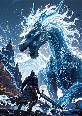 Knight Facing Ice Dragon in Snowy Landscape