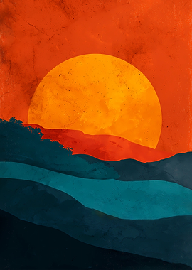 Abstract Retro Sunset Landscape