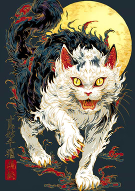 Japanese Cat Art with Moon