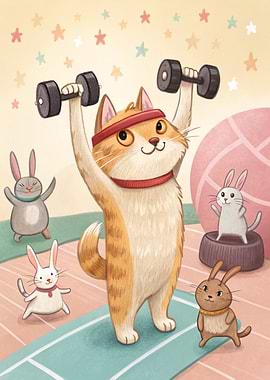 Cartoon Cat Lifting Weights with Bunnies